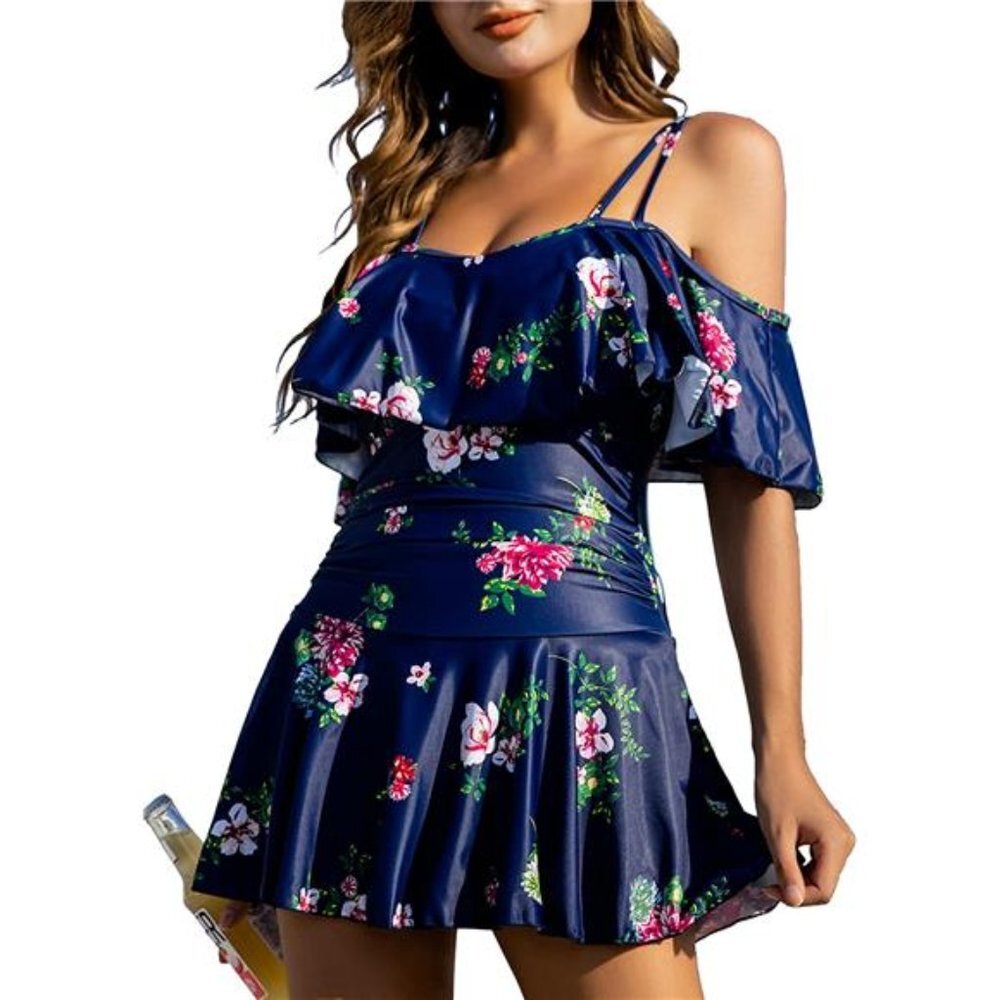 One Piece Flounce Swimsuit Off Shoulder Bathing Suit Tummy Control Swimdress